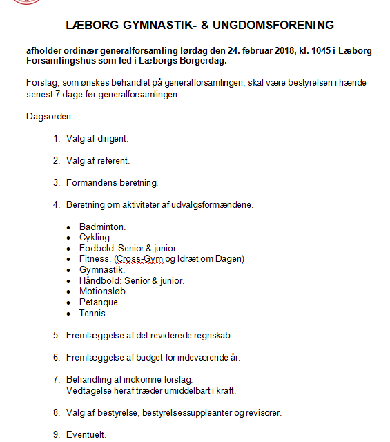 REVIDERET; Generalforsamling den 24. februar 2018